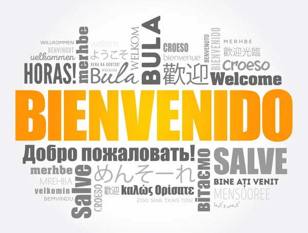 Bienvenido Willkommen Auf Spanisch Wortwolke Verschiedenen Sprachen Konzeptioneller Hintergrund — Stockvektor