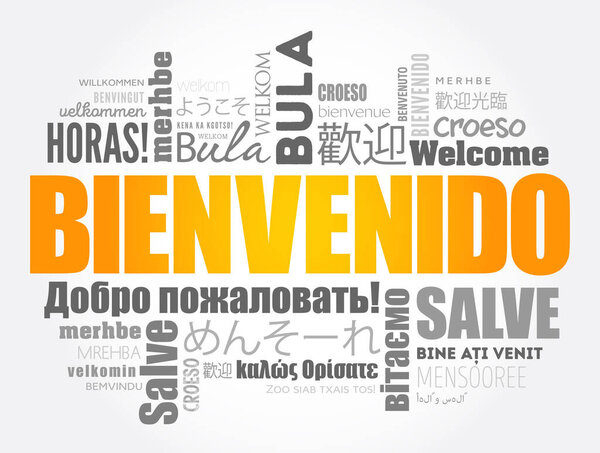 Bienvenido (Welcome in Spanish) word cloud in different languages, conceptual background