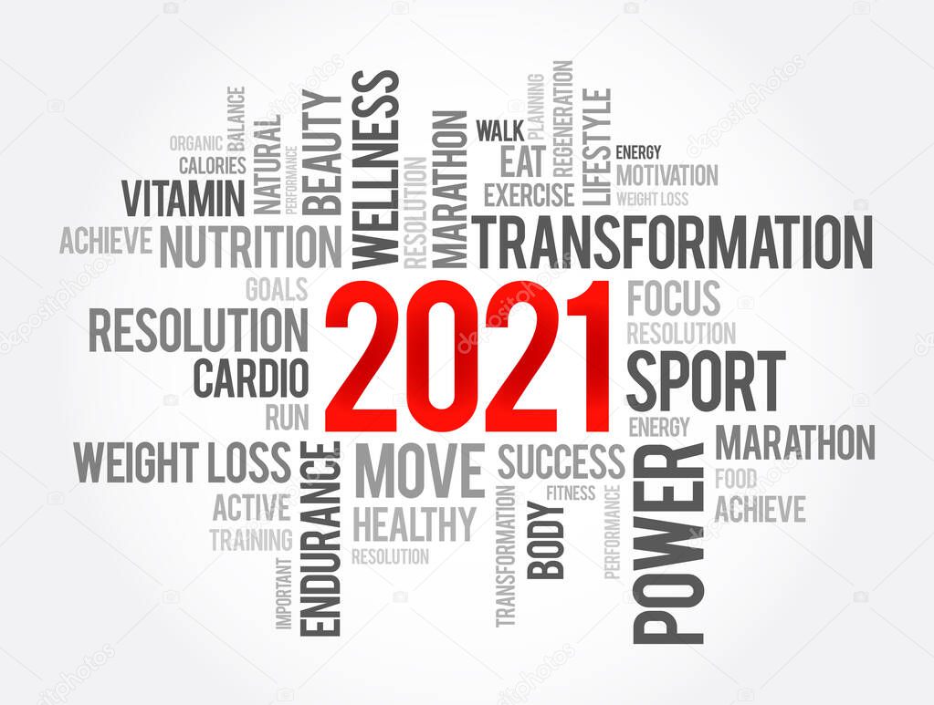 2021 health and sport goals word cloud, motivation concept background