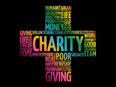 Hayırseverlik kelimesi bulut kolajı, iş konsepti geçmişi