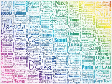 Cities of the world, travel destinations word cloud concept, business background clipart
