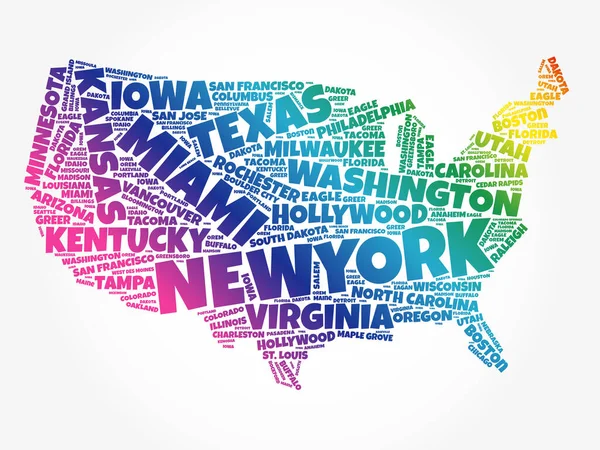 Eua Mapa Nuvem Palavras Com Cidades Mais Importantes —  Vetores de Stock