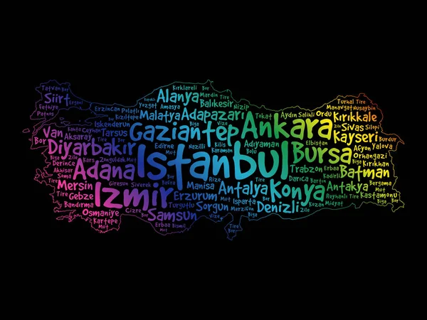 Seznam Měst Turecku Word Cloud Map Koncept Background — Stockový vektor