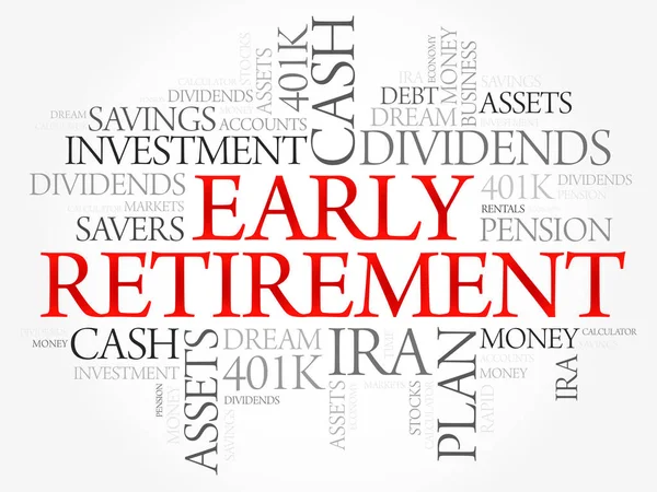 Early Retirement Woord Cloud Collage Met Grote Termen Zoals Investeringen — Stockvector