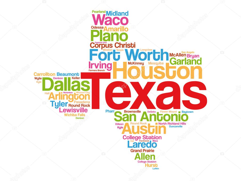 List of cities in Texas USA state word cloud map, concept background