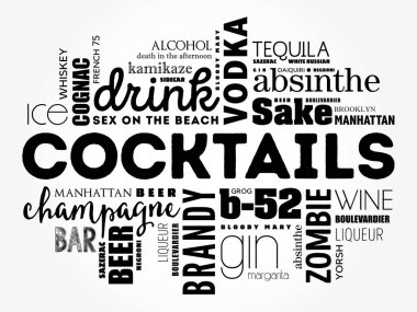 Farklı kokteyller ve malzemeler, kelime bulut kolajı, tasarım konsepti arka plan