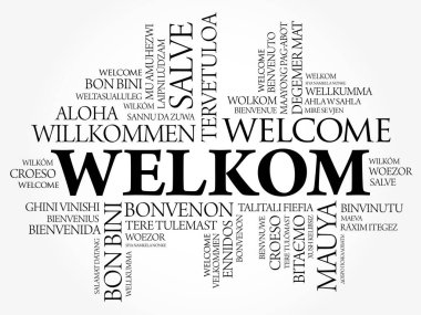 Welkom (Welcome in Afrikaans) word cloud in different languages clipart