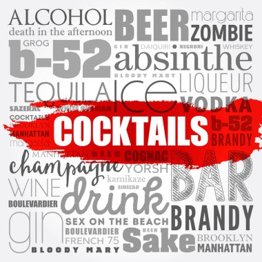 Farklı kokteyller ve malzemeler, kelime bulut kolajı, tasarım konsepti arka plan