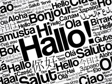 Hallo (Hello Greeting in German) word cloud in different languages of the world clipart