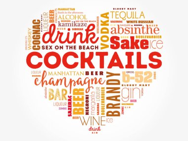 Aşk kalbi farklı kokteyller ve malzemeler, kelime bulut kolajı, tasarım konsepti arka plan