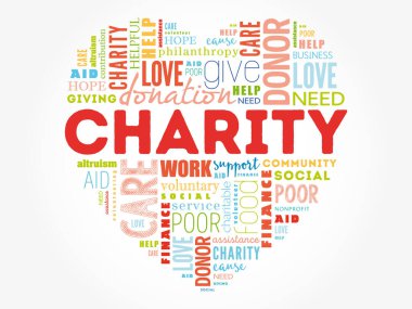 Hayırsever kalp kelime bulut kolajı, iş konsepti geçmişi