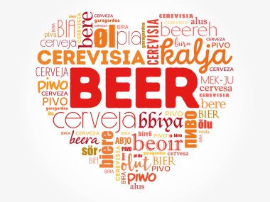 BEER dünyanın farklı dillerinde sevgi kalp (İngilizce, Fransızca, Almanca, vb), Word Cloud kolajı, çok dilli arka plan
