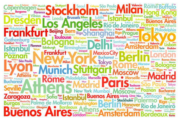 Cities of the world, travel destinations word cloud concept, business background