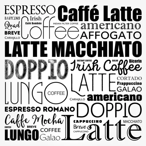 Lista Bebidas Café Palabras Cloud Collage Poster Background — Archivo Imágenes Vectoriales