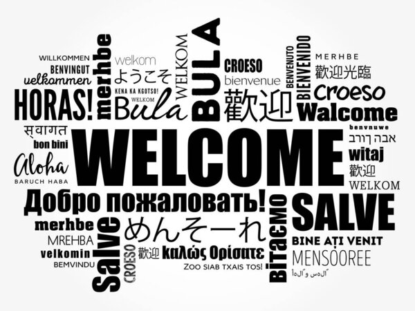WELCOME word cloud in different languages, conceptual background