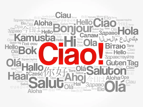 Ciao Hej Hälsning Italienska Ord Moln Olika Språk Världen — Stock vektor
