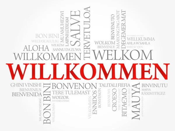 Willkommen Welkom Het Duits Word Cloud Verschillende Talen Conceptuele Achtergrond — Stockvector