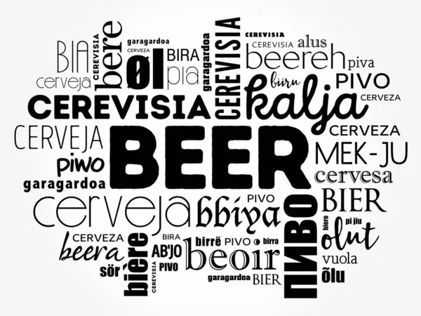 Dünya 'nın farklı dillerinde BEER (İngilizce, Fransızca, Almanca vs.) Kelime Bulutu kolajı, çok dilli arkaplan
