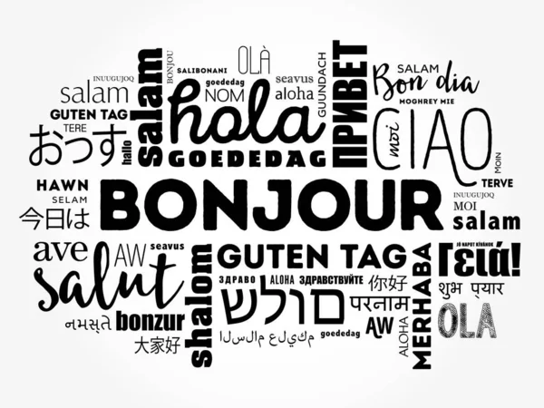 Bonjour Hello Greeting French Word Cloud Different Languages World Background — Stock Vector