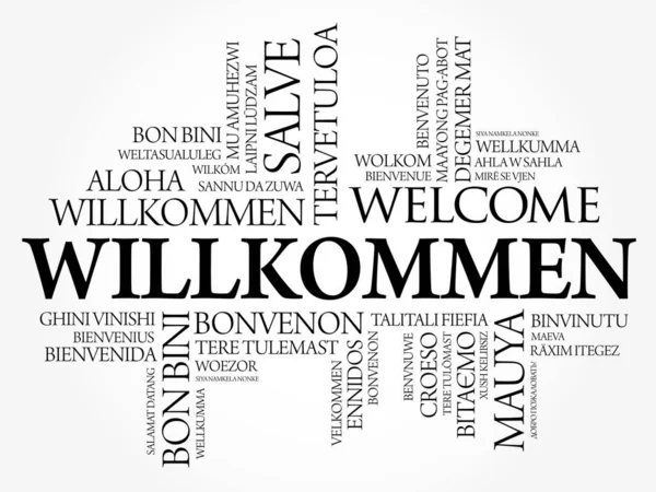 Willkommen Witamy Języku Niemieckim Słowo Chmura Różnych Językach Tło Koncepcyjne — Wektor stockowy