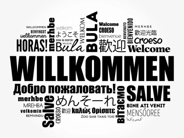 Willkommen Witamy Języku Niemieckim Słowo Chmura Różnych Językach Tło Koncepcyjne — Wektor stockowy