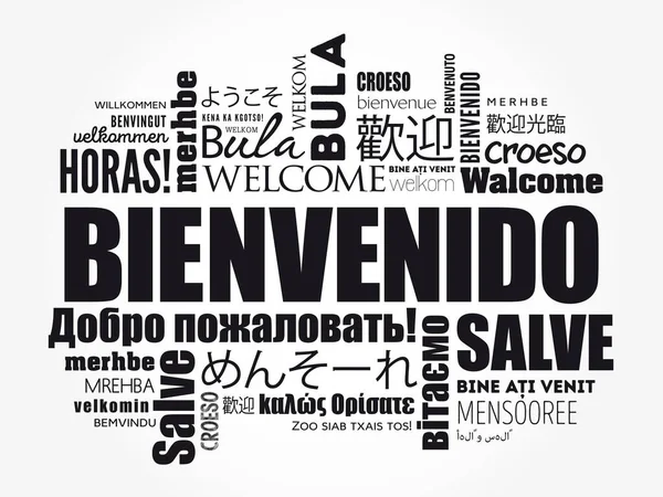 Bienvenido スペイン語でようこそ 異なる言語でワードクラウド 概念的な背景 — ストックベクタ