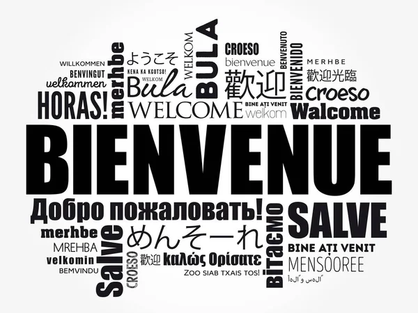 Bienvenue Bienvenido Francés Nube Palabras Diferentes Idiomas Fondo Conceptual — Vector de stock