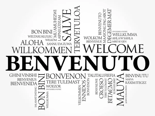 Benvenuto Welcome Italian Nuvem Palavras Diferentes Idiomas Fundo Conceitual — Vetor de Stock