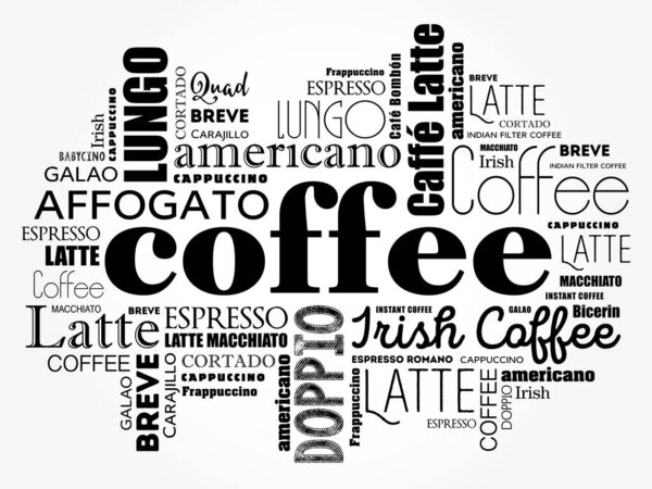 List of coffee drinks words cloud collage, poster background