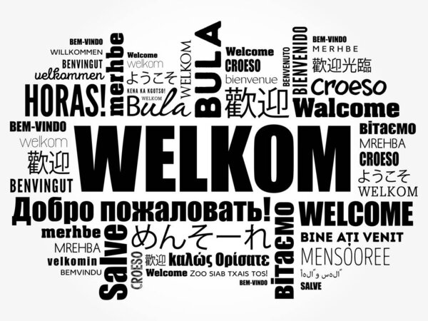 Welkom (Welcome in Afrikaans) word cloud in different languages