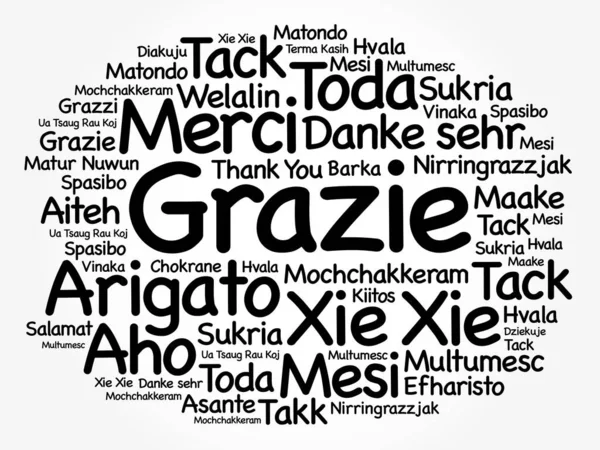 Grazie Děkujeme Italštině Slovo Cloud Pozadí Různých Jazycích — Stockový vektor