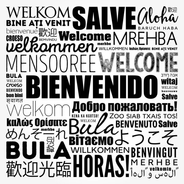Bienvenido - Welcome in Spanish, word cloud in different languages