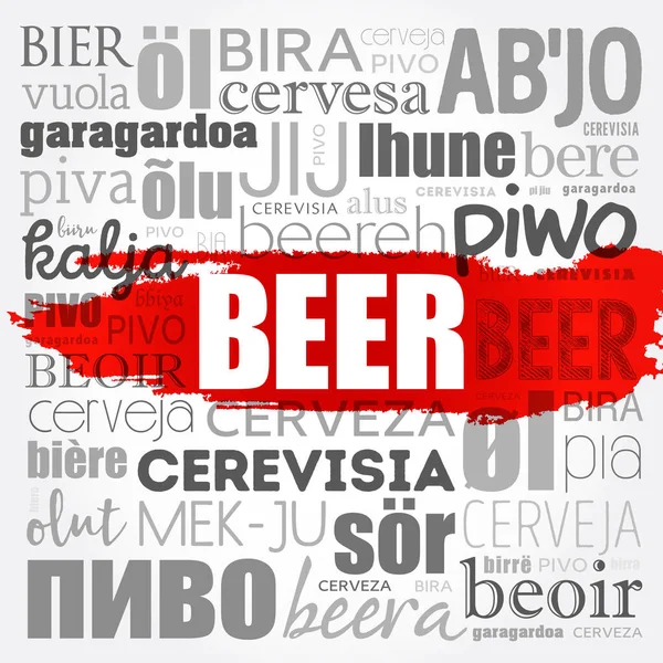 Dünya 'nın farklı dillerinde BEER (İngilizce, Fransızca, Almanca vs.) Kelime Bulutu kolajı, çok dilli arkaplan