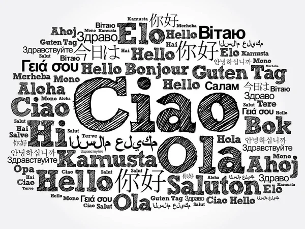 Ciao Witaj Pozdrowienia Języku Włoskim Słowo Chmura Różnych Językach Świata — Wektor stockowy