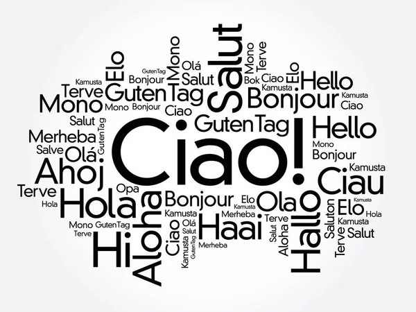 Ciao Hej Hälsning Italienska Ord Moln Olika Språk Världen — Stock vektor