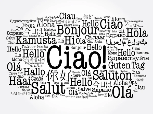 Çav Talyanca Selamlar Dünyanın Farklı Dillerinde Kelime Bulutu — Stok Vektör