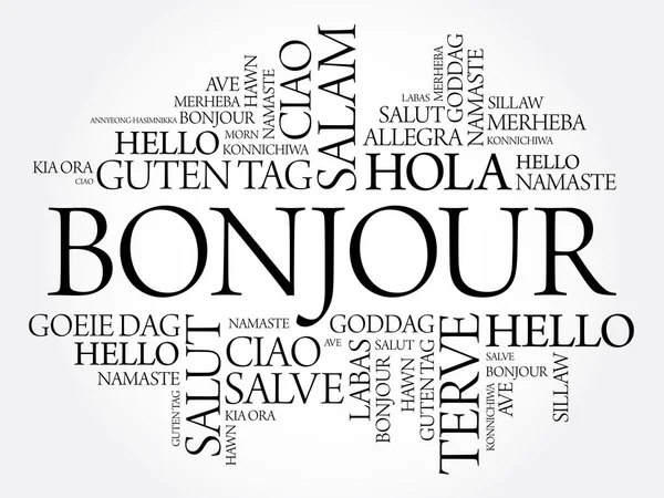 Bonjour Bonjour Salut Français Nuage Mots Dans Différentes Langues Monde — Image vectorielle