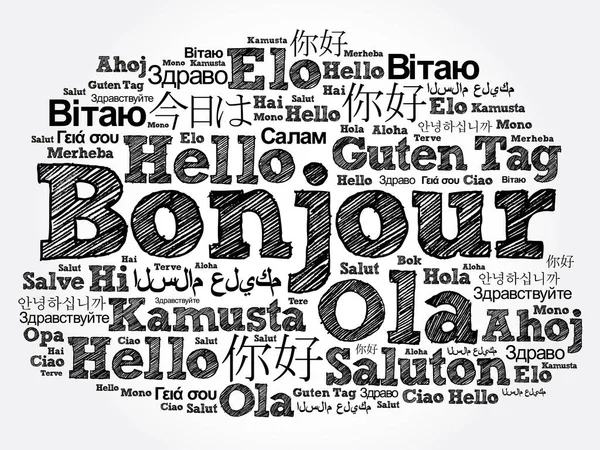 Bonjour Bonjour Salut Français Nuage Mots Dans Différentes Langues Monde — Image vectorielle