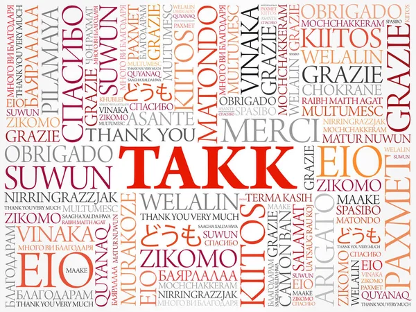 Takk Grazie Islandese Word Cloud Diverse Lingue — Vettoriale Stock