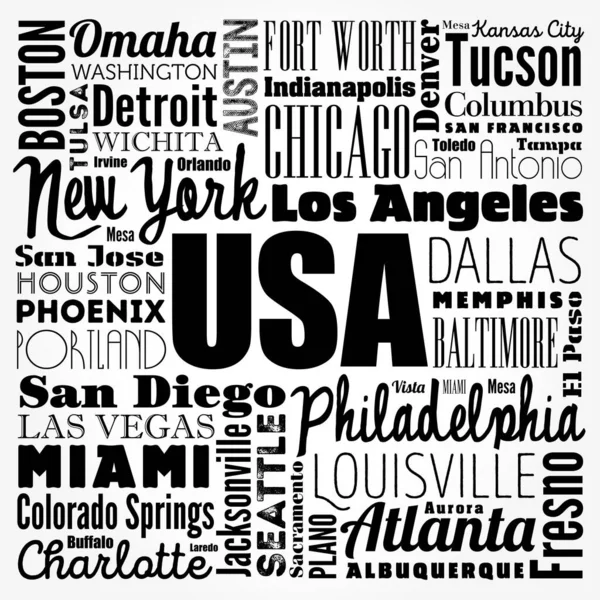 Usa Cities Names Words Cloud Collage Concept Background — Stock Vector