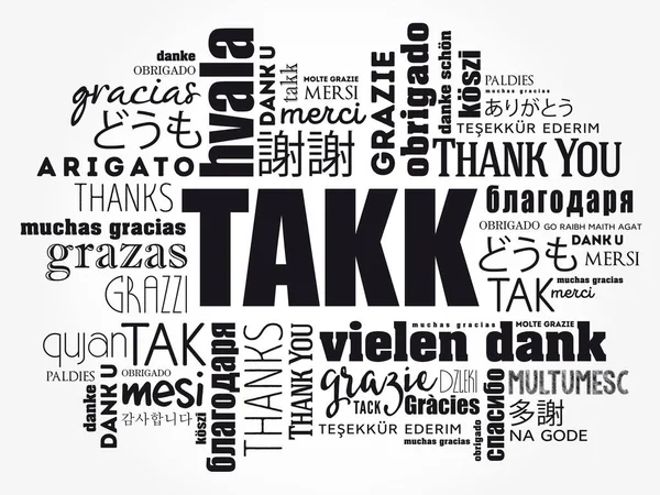 Takk Grazie Islandese Word Cloud Diverse Lingue — Vettoriale Stock