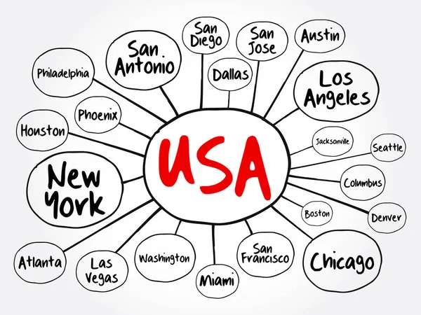 Carta Geografica Della Mente Delle Città Usa Concetto Business Viaggio — Vettoriale Stock