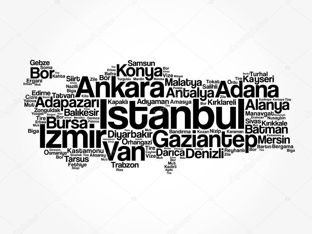 List of cities in Turkey word cloud map, business and travel concept background