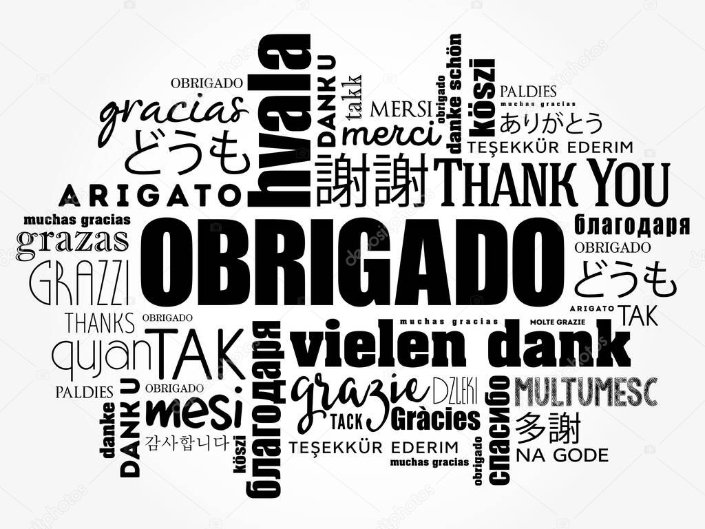 Obrigado (Thank You in Portuguese) Word Cloud background, all languages, multilingual for education or thanksgiving day