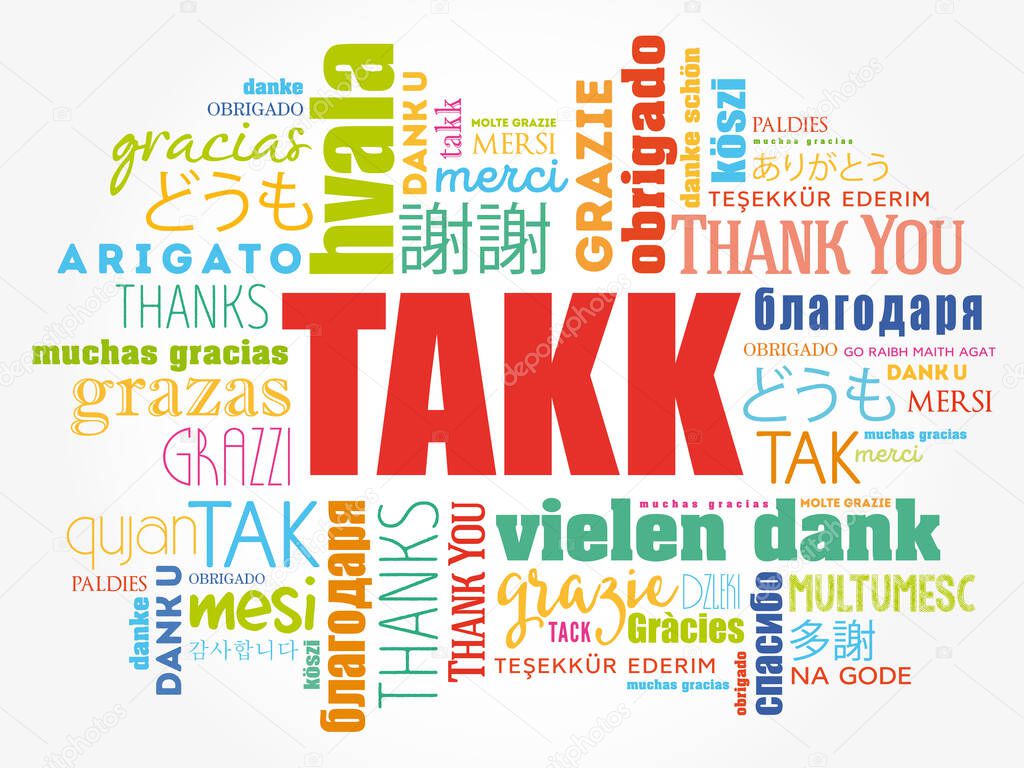 Takk (Thank You in Icelandic) Word Cloud in different languages