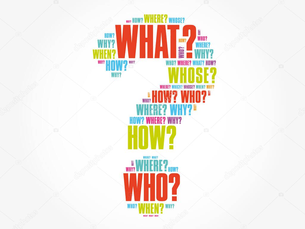 Question mark - Questions whose answers are considered basic in information gathering or problem solving, word cloud background