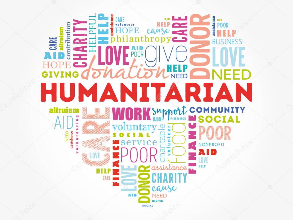 Humanitarian heart word cloud collage, concept background