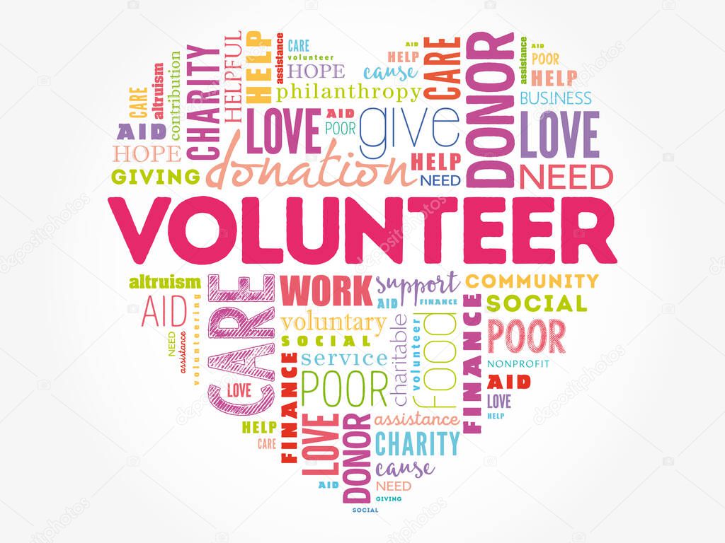 Volunteer word cloud collage, heart concept background