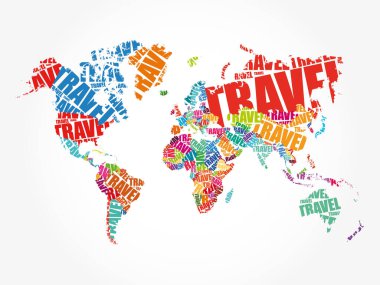 Dünya Haritası Tipografisi biçimindeki TRAVEL kelimesi, kelimeler iş konseptini gölgeliyor
