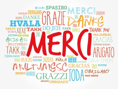 Merci (Fransızca Teşekkür) kelime bulutu farklı dillerde